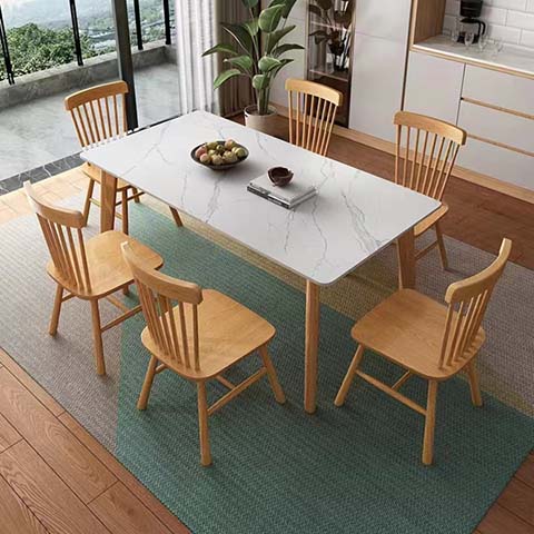 6-Seater Rectangular Sintered Stone Top Dining Table with Solid Wood Legs