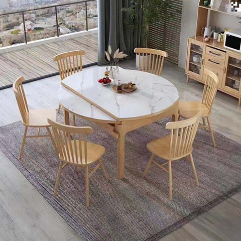 Extendable Round Dining Table with Light Oak Frame and White Marble-Effect Sintered Stone Top