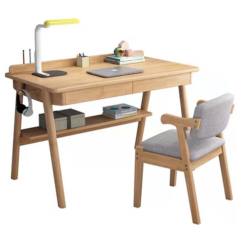 Light Oak Solid Wood Writing Desk with Integrated Storage and Side Hook
