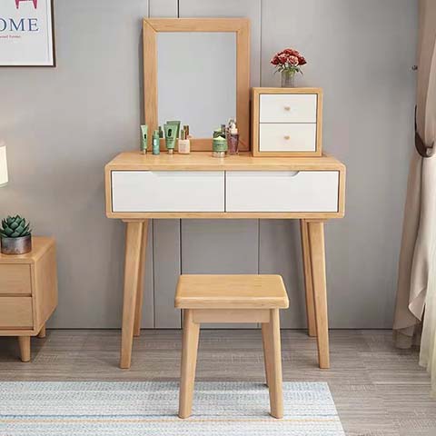 Scandinavian Light Oak Vanity Table Set with Mirror, Stool and Top Storage Cabinet