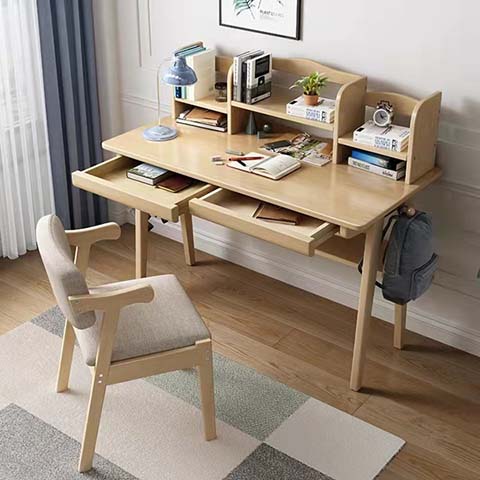 Light Oak Home Study Computer Desk with Attached Hutch and Double Drawers