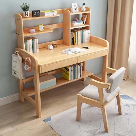 Natural Solid Wood Children's Study Desk with Integrated Hutch and Matching Chair