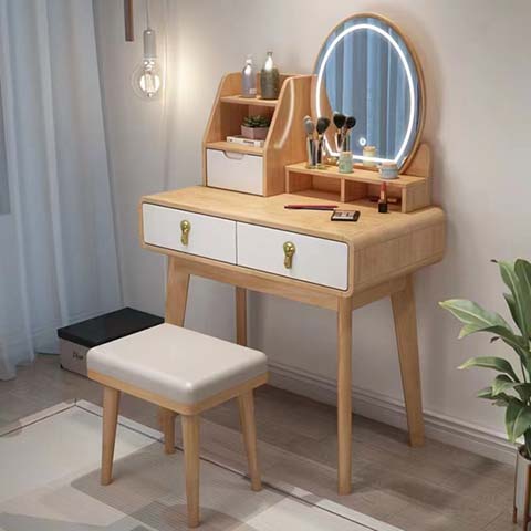 Light Wood LED Oval Mirror Vanity Table Set with Upholstered Stool