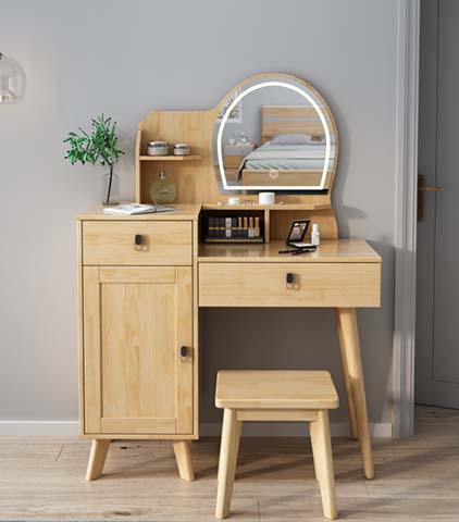 Light Natural Wood Dressing Vanity Table Set with LED Arched Mirror and Matching Stool