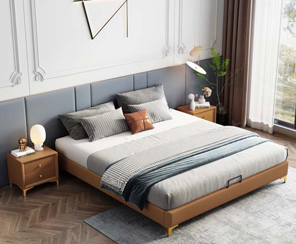 Upholstered Lift-Up Storage Platform Bed with Extended Wall-Mounted Headboard and Gold Tapered Legs