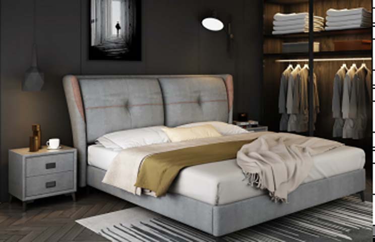 Grey Upholstered Wingback Platform Bed with Blush Accent Trim