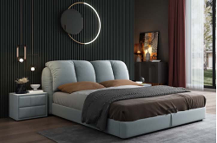 Light Blue-Grey Upholstered Storage Platform Bed with 4-Segment Padded Headboard