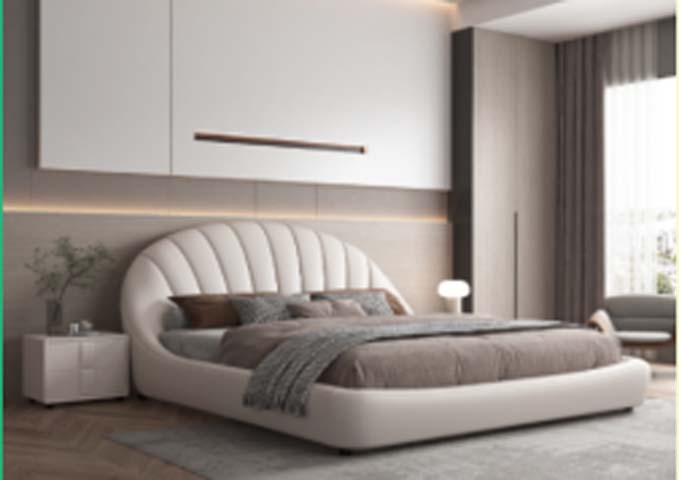 Cream Curved Shell Channel-Tufted Upholstered Platform Bed