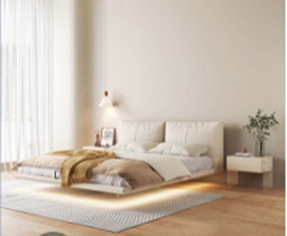 Cream Off-White Upholstered Floating Platform Bed with Under-Bed Ambient Lighting, Split Padded Headboard, No Footboard