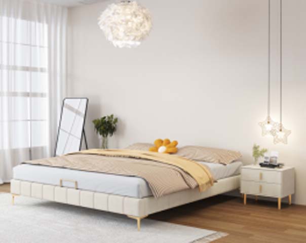 Upholstered Queen-Size Low Profile Platform Bed Frame with Golden Metal Legs