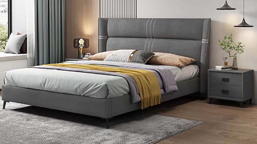 Gray Upholstered Wingback Platform Bed with Contrast Stitching