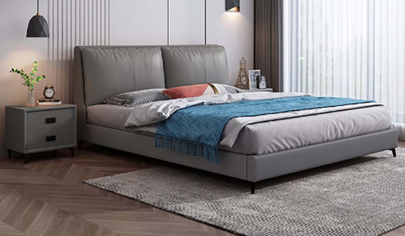 Gray Upholstered Queen Platform Bed with Padded Headboard
