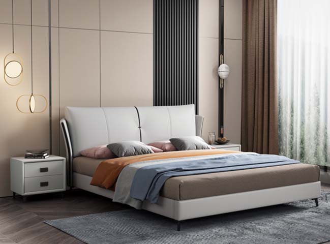 Modern Light Upholstered Low-Profile Platform Bed with Segmented Headboard and Black Metal Legs
