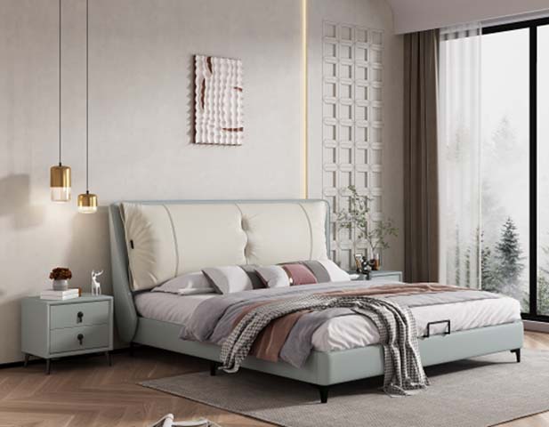 Two-Tone Upholstered Storage Platform Bed with Tri-Panel Winged Headboard