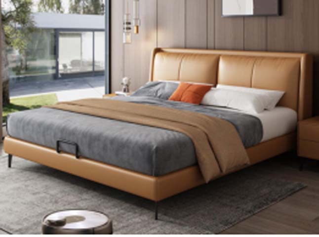 Camel Tan Upholstered Storage Platform Bed with Segmented Padded Headboard