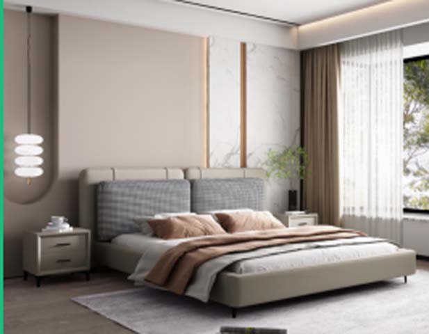 Light Gray Upholstered Low-Profile Platform Bed with Split Plaid Removable Headboard Cushions