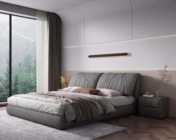 Modern Upholstered Platform Bed, King Size with Padded Dual-Section Headboard