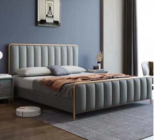 Upholstered Queen Size Platform Bed with Channel Tufting and Brass Metal Frame