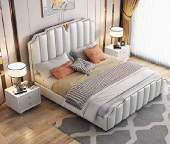 Light Neutral Vertical Channel-Tufted Upholstered Platform Bed with Scalloped Headboard and Matching Low Footboard