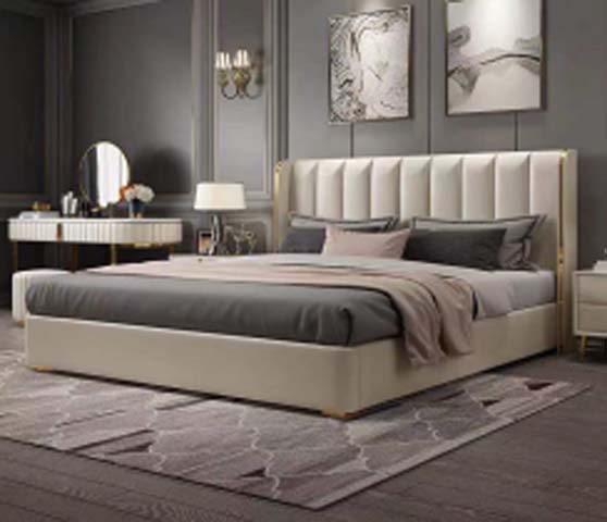 Light Beige Vertical Channel Tufted Upholstered Platform Bed with Gold Metal Trim