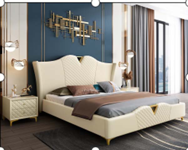Cream Diamond-Quilted Wingback Upholstered Platform Bed with Gold Accents