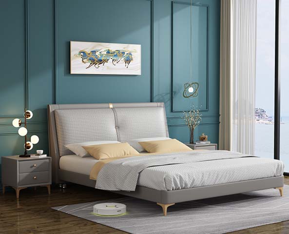 Light Grey Split Upholstered Platform Bed with Woven Check Headboard and Gold Legs