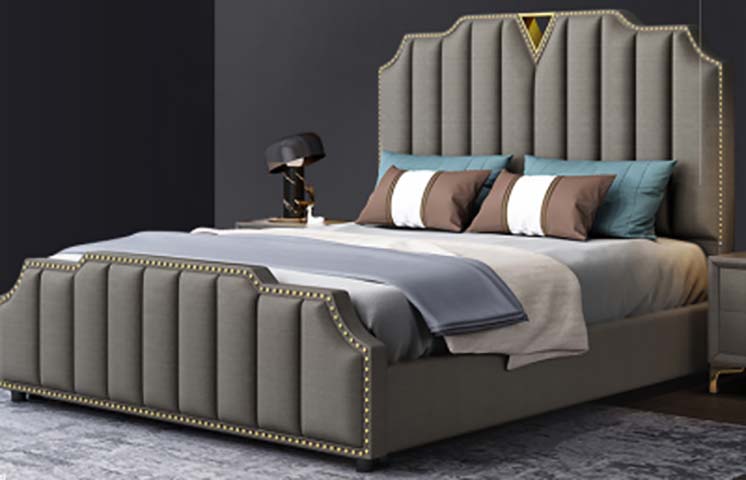 Gray Upholstered Platform Bed with Channel Tufting, Gold Nailhead Trim and Arched V-Accent Headboard