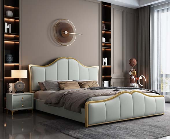Light Gray Scalloped Upholstered King Bed with Gold Trim