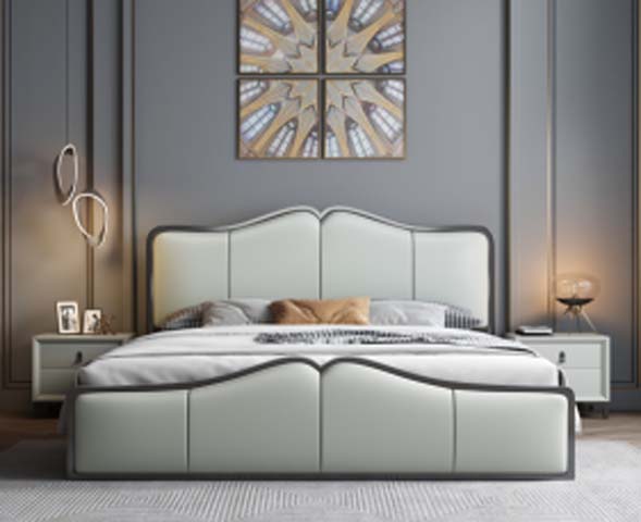 Light Grey Upholstered Scalloped Platform Bed with Dark Contrast Trim