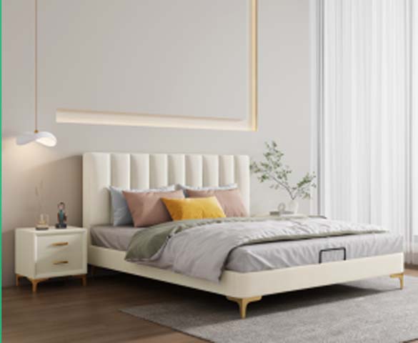 Cream Channel-Tufted Upholstered Platform Storage Bed with Gold Metal Legs