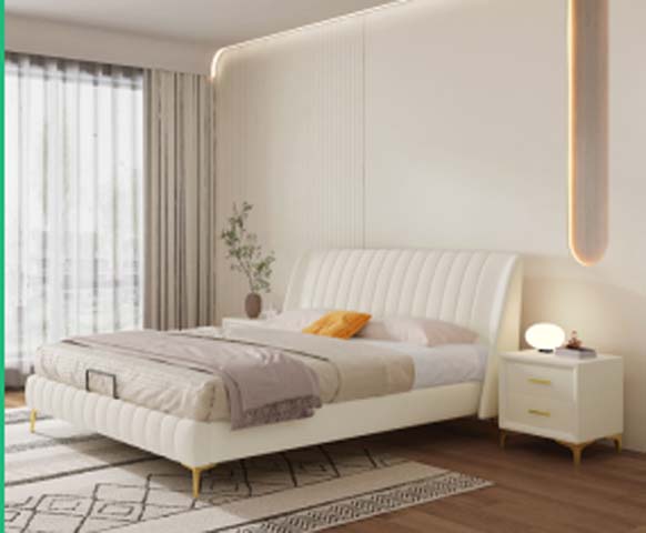 Cream White Channel-Tufted Upholstered Platform Bed with Gold Tapered Legs