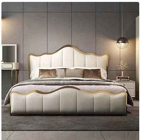 Cream Channel-Tufted Upholstered Platform Bed with Wavy Gold Trim