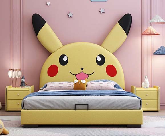 Pikachu Themed Upholstered Kids Platform Bed with Underbed Storage and 2 Matching Nightstands