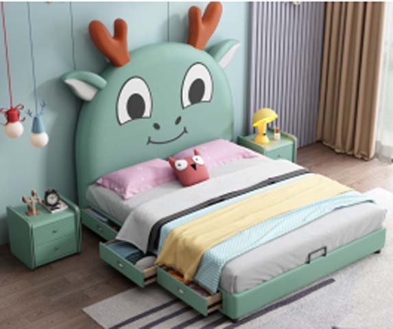 Mint Green Cartoon Deer Upholstered Kids Storage Bed with Matching Nightstands