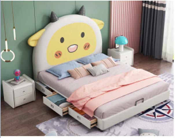 Cartoon Animal Themed Upholstered Children Storage Bed with Matching Nightstands