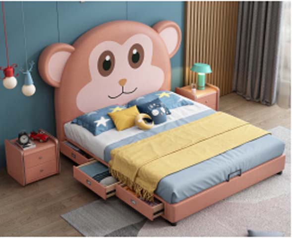 Pink Cartoon Monkey Upholstered Kids Platform Storage Bed