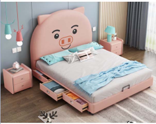 Pink Cartoon Pig Upholstered Storage Kids Bed with Drawers