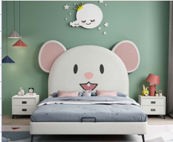 White Upholstered Kids Platform Bed with Cartoon Mouse Ear Headboard and Underbed Storage