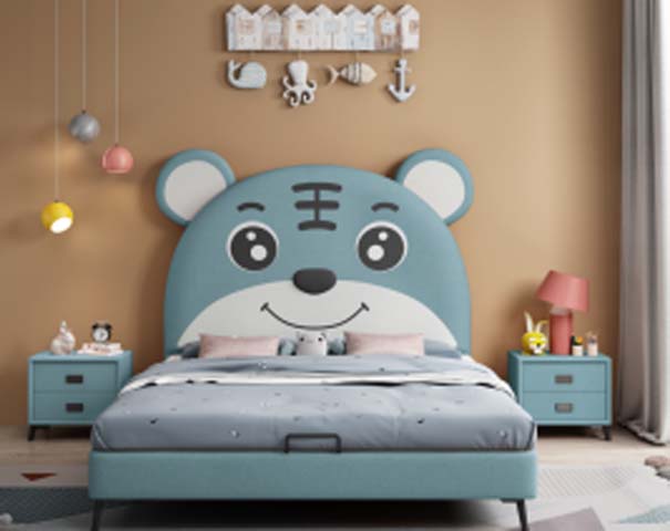 Blue Cartoon Tiger Themed Upholstered Children's Bed with Under-bed Storage