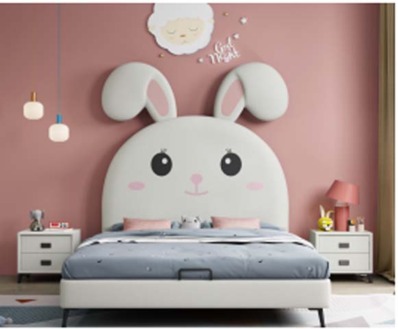 Cartoon Rabbit Upholstered Children's Platform Bed with Matching Nightstands