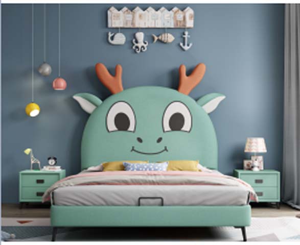 Mint Green Cartoon Dragon Upholstered Kids Platform Bed