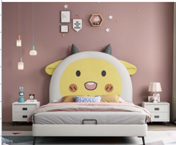 Cartoon Cow Themed Upholstered Lift-Up Storage Kids Single Bed
