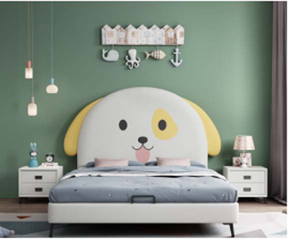 White Yellow Cartoon Dog Upholstered Children's Platform Bed with Underbed Storage
