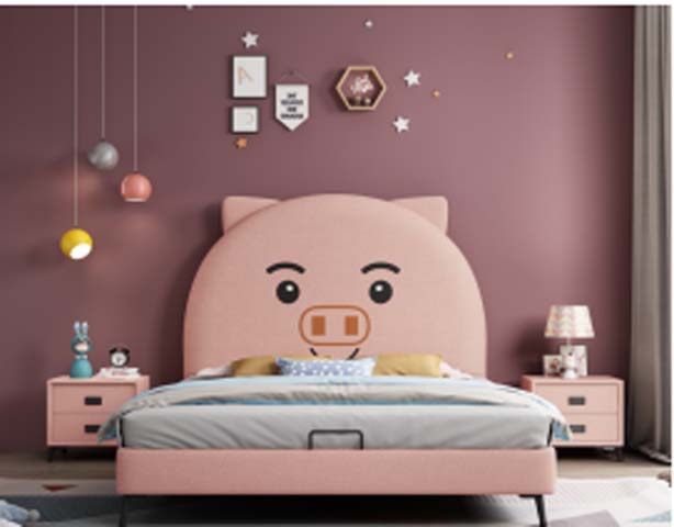 Pink Pig Cartoon Upholstered Kids Single Bed with Underbed Storage