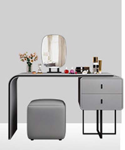 Modern Asymmetrical Grey Vanity Dressing Table Set with Freestanding Oval Mirror and Upholstered Stool