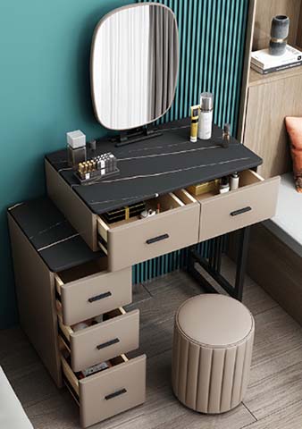 Extendable L-Shaped Light Luxury Dressing Table Set with Rotating Oval Mirror and Fluted Upholstered Stool