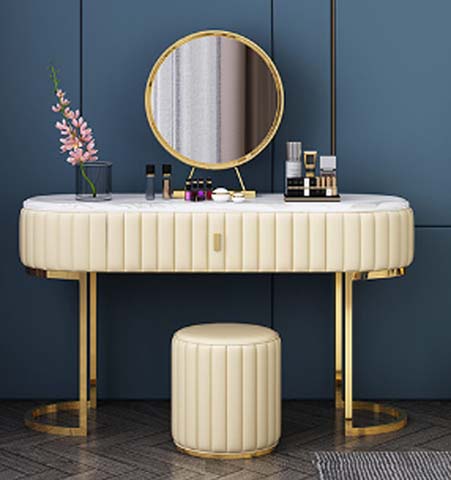 Cream Fluted Upholstered Vanity Dressing Table Set with Gold Legs, Round Mirror and Matching Stool