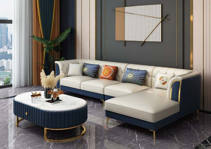 Luxury Two-Tone L-Shaped Right-Chaise Sectional Sofa with Gold Metal Legs