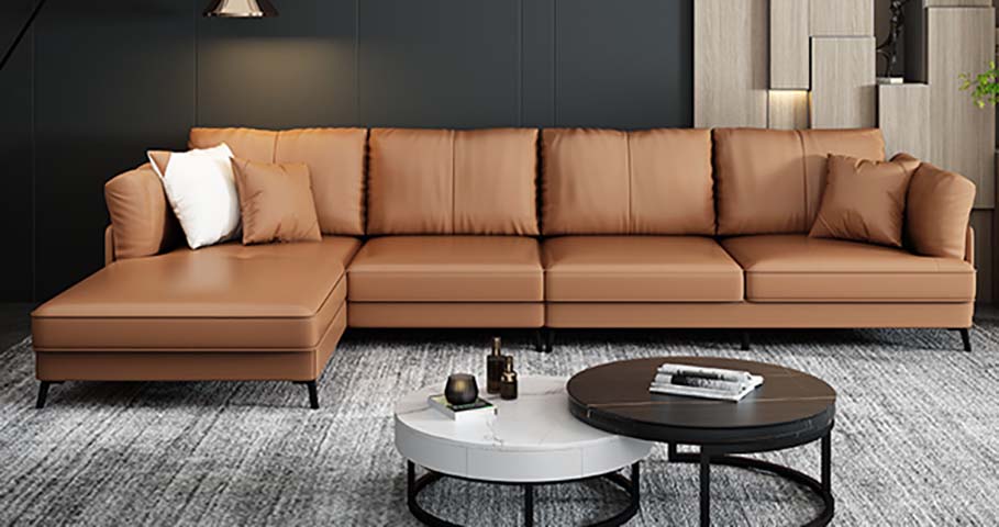 L-Shaped Caramel Faux Leather Sectional Sofa, Left Chaise
