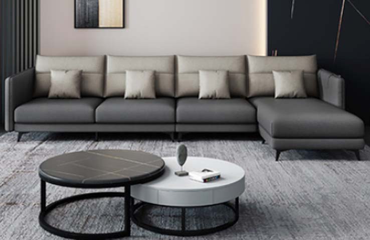 Two-Tone L-Shaped Right-Chaise Sectional Sofa with Nested Round Coffee Table Set
